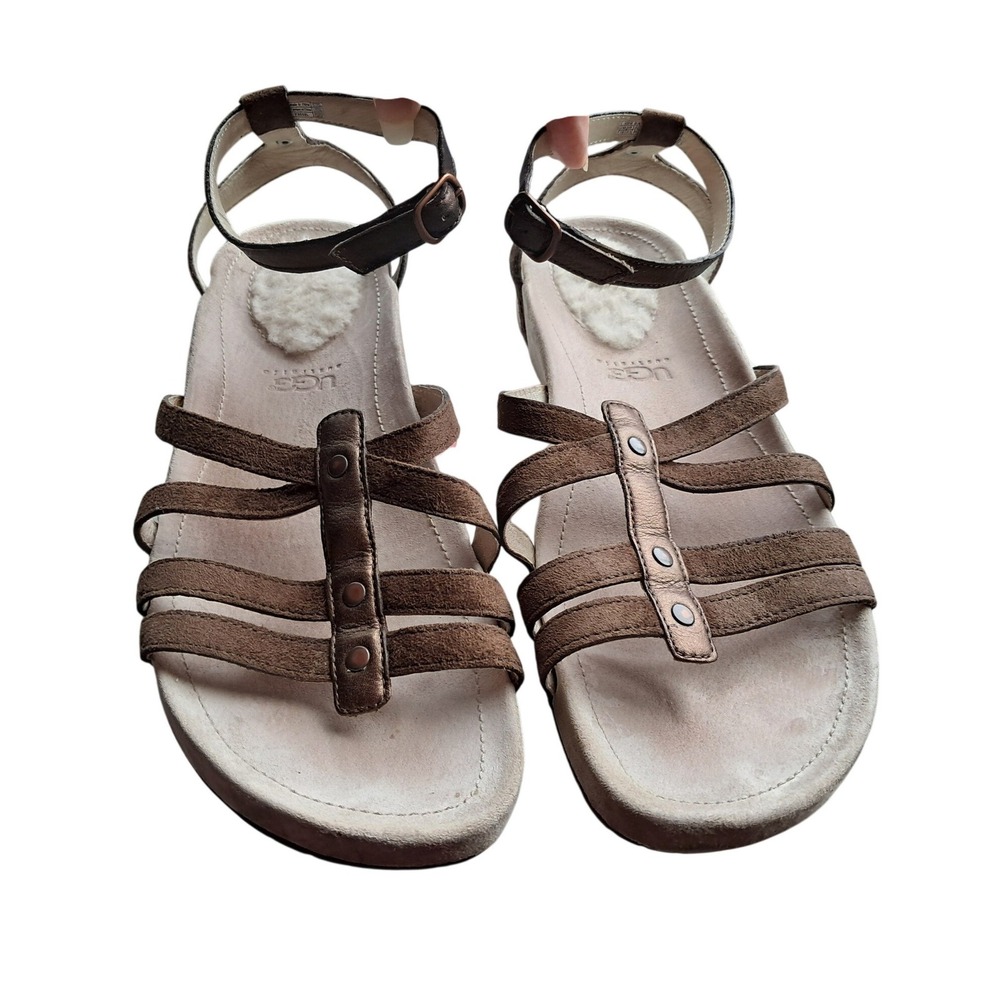 UGG Australia Lyra Brown Suede Metallic Bronze Strappy Sandals Womens 12 1766